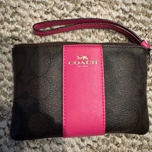 Coach Black and Pink Leather Wristlet with Coach Lanyard Tag